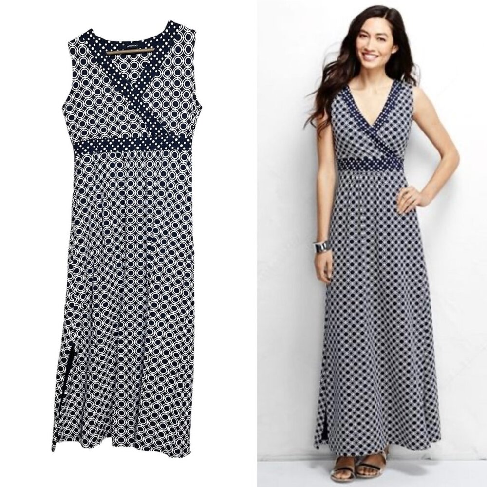 Lands End MP Maxi Dress Blue Polka Dot Pima Cotton Stretch Sleeveless Nautical V